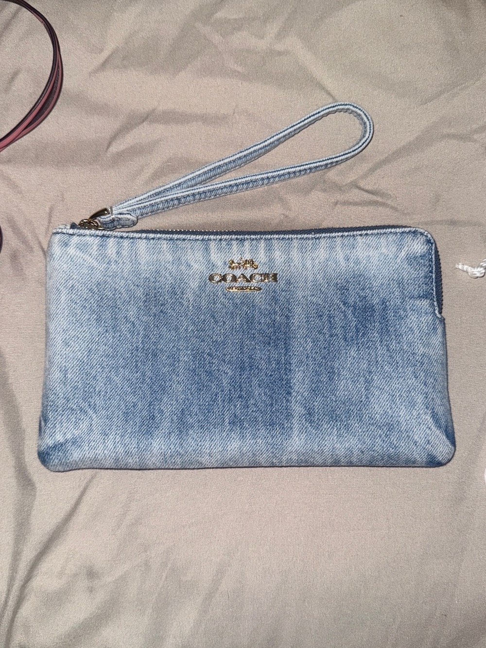 Coach Light Blue Denim Wristlet with Gold Logo
